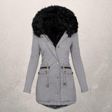 Medium Length Hooded Cotton Padded Jacket with Wool Collar