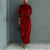 Casual Warm Velour Long-sleeved Solid Color High-neck Zipper Wide-leg Sportswear