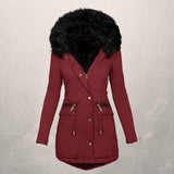 Medium Length Hooded Cotton Padded Jacket with Wool Collar