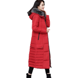 Hooded Padded Jacket with Fur Collar and Color Block