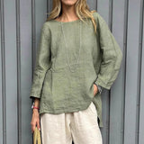 Vintage Cotton-Linen Crew-Neck Long-Sleeve Fashion Blouse For Women