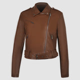 Lapel Short Belt Women's PU Simple Leather Jacket Motorcycle Jacket