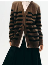 Womens Striped Wool Color-Block Knitted Cardigan Coat