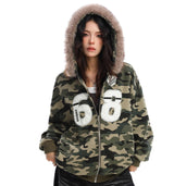 Camouflage Fur Collar Hooded Sweater