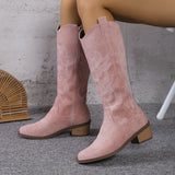 Women's Retro Pointed Toe Chunky Heel Solid Color Side Zipper Mid-calf Cowboy Boot