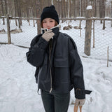 Light Brown Lapel Small Rabbit Fur Thick Loose Short Leather Jacket