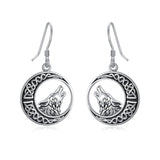Wolf Celtic Moon Dangle Drop Earrings in Sterling Silver