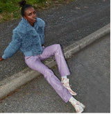 Cotton Jacket with Teddy Fur Collar in Denim Blue