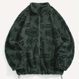 Boho Geometric Print Polar Fleece Coat - Ultra-Soft Plush Loose Fit Jacket with Fur Collar (Apricot/Caramel/Green)