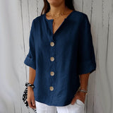 Loose-fit Women's V-neck Cotton-Linen Button T-shirt Top