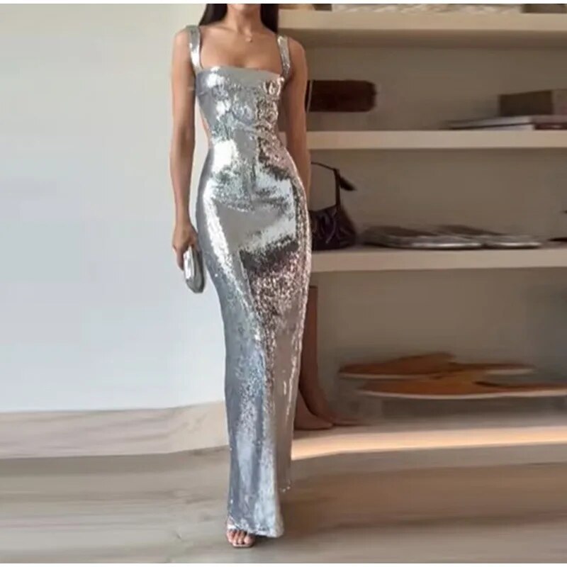 Silver Sequin Halter Dress