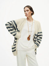 Womens Striped Wool Color-Block Knitted Cardigan Coat