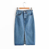 Split Hem Denim Skirt, Bodycon Denim Midi Skirt