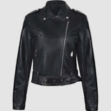 Lapel Short Belt Women's PU Simple Leather Jacket Motorcycle Jacket
