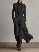 Women's Solid Color Cross-sleeve High-neck Dress