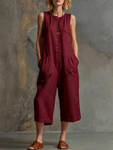 Retro Sleeveless Cotton-Linen Wide-Leg Cropped Jumpsuit