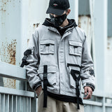 Graffiti Print Multi-Pocket Work Jacket with Ribbon Collar