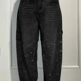 Ins Shiny Straight Jeans With Pockets Fashion Loose Wide-leg Pants For Women Street-style Trousers