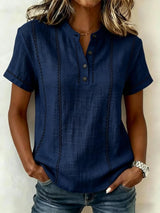 Summer Striped Short-Sleeve Shirts Casual Stand-Collar V-neck Button Blouse Womens Clothing
