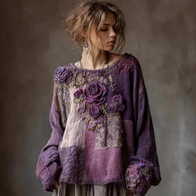 Vintage Purple Roses Lace Blouse