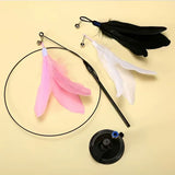 Cat Feather Bell Toy with Suction Cup Base 1 Teaser Wand 3 Replacement Feather Heads Interactive Cat Toy for All Cats