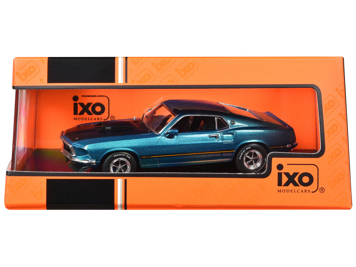 1969 Ford Mustang Mach 1 Blue Metallic with Matt Black Hood and Yellow Stripes 1/43 Diecast Model Car by IXO Models