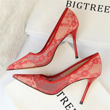 2025 Sexy Black Flower Lace Mesh Pumps Women Pointed Fashion Party Shoes Show Thin High Heels Shoes Women's Office Shoes Shallow
