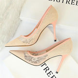 2025 Sexy Black Flower Lace Mesh Pumps Women Pointed Fashion Party Shoes Show Thin High Heels Shoes Women's Office Shoes Shallow