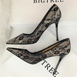 2025 Sexy Black Flower Lace Mesh Pumps Women Pointed Fashion Party Shoes Show Thin High Heels Shoes Women's Office Shoes Shallow