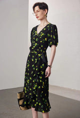 Women's Stomach Blanket-style Lace Printing Short-sleeved Silk Dress
