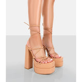 FF2025 New Fashion Solid Colored Cross-tied Heels Supper High Platform Dressing Sandals Peep-toe Square Heel Summer Footwear