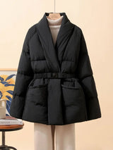 New Fashion Temperament Cotton Coat Women Winter Warm Solid Color V-neck Gathered Waist Jacket Coats Parkas with Belt