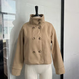 Fashion Short Woolen Coat For Women Stand Collar Full Sleeve Loose Zipper Jacket Female 2025 Spring Autumn Solid Lady Outwear