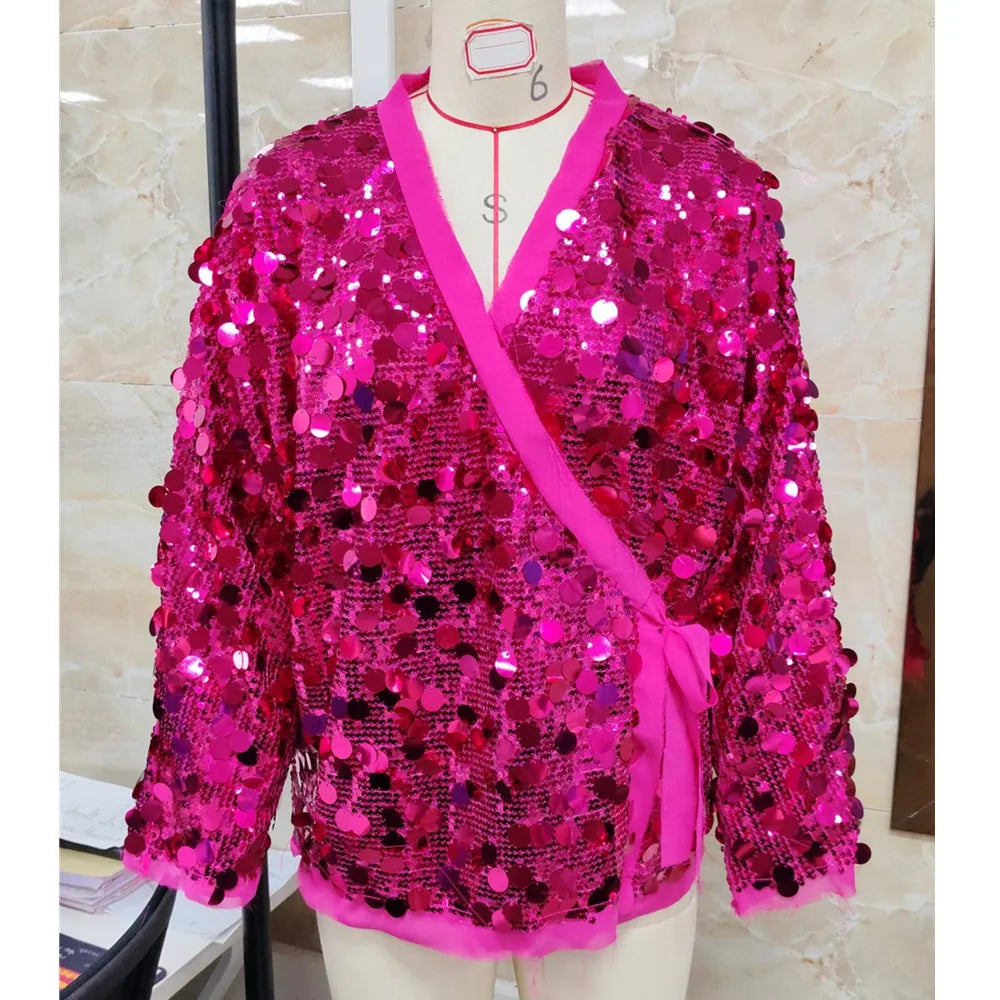 Shiny Sequin Cardigan for Women Trendy V Neck Front Wrap Tie Long Sleeve Coat Ladies Fashionable Sparkling Pullover Tops Punk