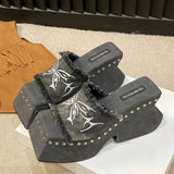 Punk Chunky Heels Mule Shoes Sandals For Women Rivet Platform Slide Sandals Open Toe 2026 Summer Trendy Shoes Street Women Shoes