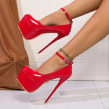 Fashion Pink Stiletto Heel Pumps Women Plus Size Super High Heel Shoes Woman Patent Leather Ankle Buckle Party Shoes 45