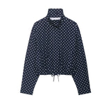 HH Fashion Women's Polka Dot Print Short Coats Autumn Long Sleeves Turtleneck Zipper With Pockets Drawstring Casual Jacket
