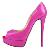 Women Pumps Sexy Platform Peep Toe 14cm Extremely Thin High Heels Stiletto Patent Leather Fashion Party Nighclub Wedding Shoes
