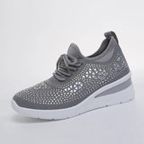 Women's Rhinestone Embellished Knit Mesh Wedge Sneakers, Adjustable Lace-Up Closure, Daily Walking Casual Footwear
