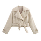 SLTNX 2026 New Women's British Wind Trench Coat Style Double-breasted Long Sleeve Belt Lapel Jacket Short Coat