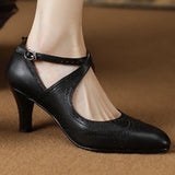 Women's genuine leather thin high heel cross strap carving british style pumps elegant ladies retro daily slim dress pumps shoes