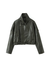 Ailegogo New Women Vintage Loose Black Short Faux Leather Jacket Streetwear Female Zipper Belt Coat Outwear