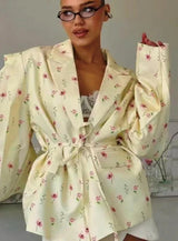 Chic Oversize Floral Printed Women Jacket Padded Lapel Lace Up Loose Coat Long Sleeve High Waist Outwears 2025 Lady Streetwear