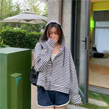 2000S American Vintage Striped Loose Long Sleeve Hooded Sweatshirt Y2k Subculture Casual Zip Up Hooded Cardigan Harajuku Coats