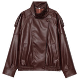 HXAO New Arrival Women's Bomber Jacket Leather Black Jackets Cropped Oversize Outerwears Zip-Up Long Sleeve Coats Outdoor Jacket