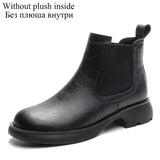 DRKANOL Fashion Women Thick Heel Ankle Boots Autumn Winter Warm Shoes Round Toe Real Cowhide British Style Slip On Chimney Boots
