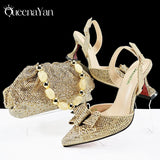 Queena Yan Newest Full of Rhinestone Design Olive Color Lady Sheos and Metal Bead-Embellished Handbag Set for Parrt Wedding