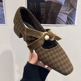 Elegant Chunky Heel Mary Jane Shoe for Women Bowknot Pearls Decoration Plaid Print Design Autumn Pumps Fashion Party Dress Heels