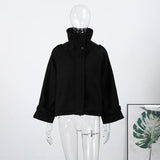 Fashion Short Woolen Coat For Women Stand Collar Full Sleeve Loose Zipper Jacket Female 2025 Spring Autumn Solid Lady Outwear