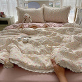 Summer Quilt Korean Style Duvet with Lace Single/Queen Size Comforter Flower Printed Quilted Blanket 여름이불 (No Pillowcase)